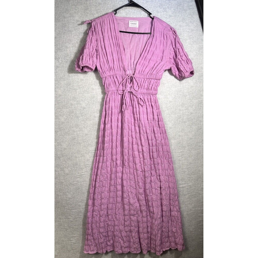 Sabo Narelle Maxi Dress Pink Cotton V-Neck Puff Sleeve Size S/US 4 Deep V Plunge